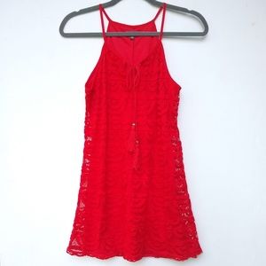 LILY ROSE red lace tassle spaghetti mini dress